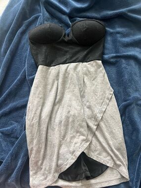 Strapless Black & Light Gray Wrap-Front Dress